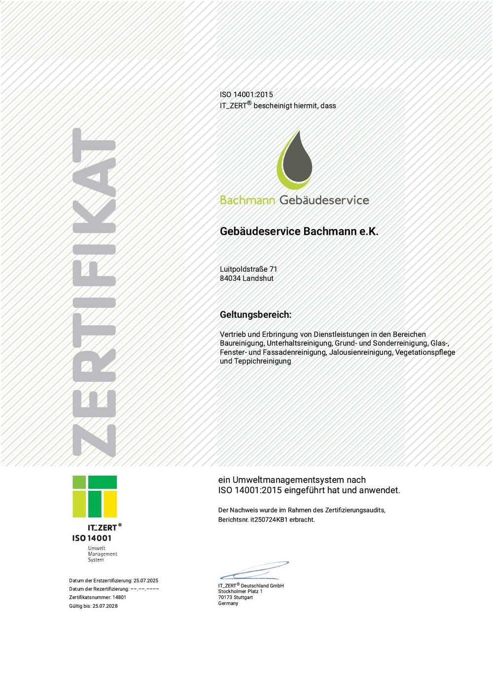 ISO 14001:2015 Zertifikat Bachmann Gebäudeservice