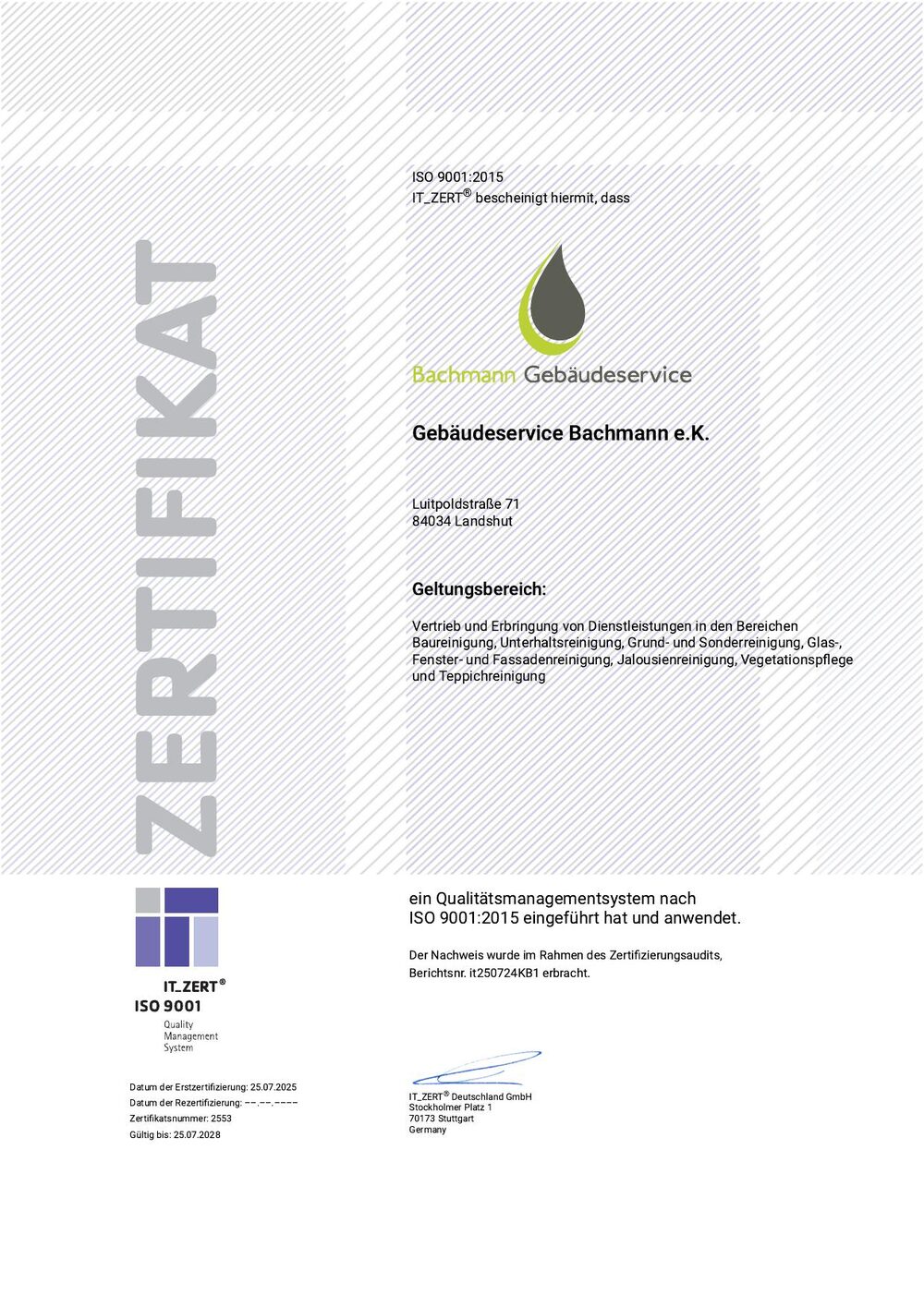 ISO 9001:2015 Zertifikat Bachmann Gebäudeservice